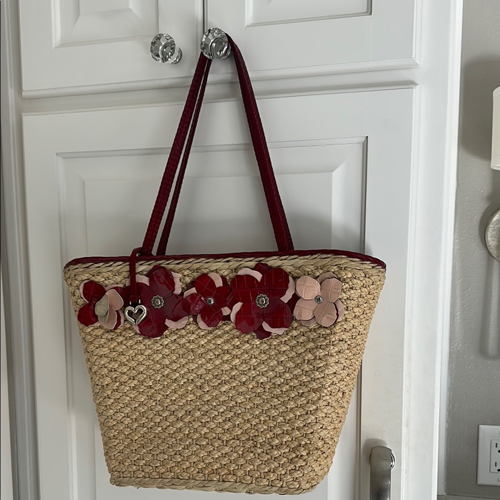 Brighton Red and Tan Tote Bag with Floral Accents